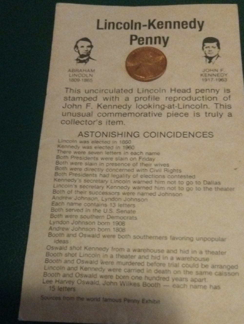 Lincoln-Kennedy Commemorative Penny Card - Brown Copper